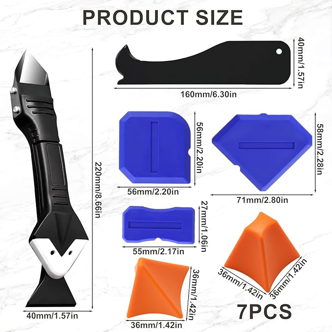 7 Piece Caulking Tool Kit, Silicone Caulking Tools Set with Caulk Finishing Tool, Caulk Smoothing Tool & Grout Tool, All - in - One for Bathroom, Kitchen, Window Sealant & Grout Projects