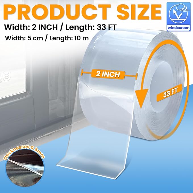 Transparent Window Weather Sealing Tape 2 Inch x 33 FT Clear Window Insulation Sealing Tape No Residue Sealing Film Tape