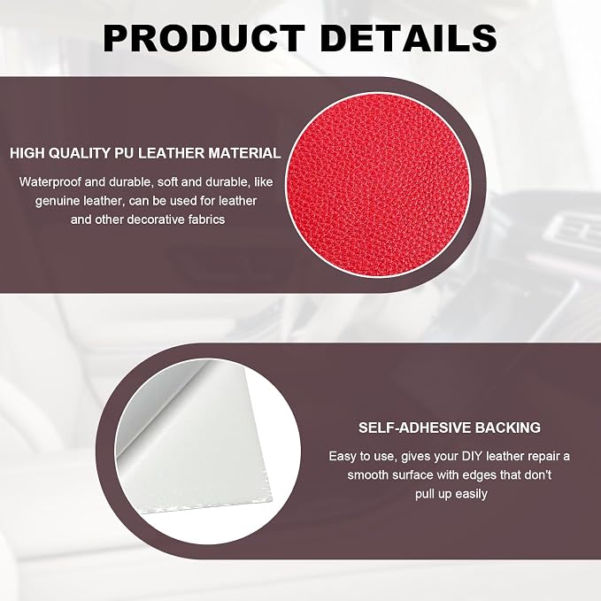 2 PCS Leather Repair Patch Tape, 4 x 8 Inch PU Vinyl Repair Patches for Car Upholstery Seat, Waterproof Self Adhesive Leather Tape Repair Kit for Furniture Couches Chairs (Red)
