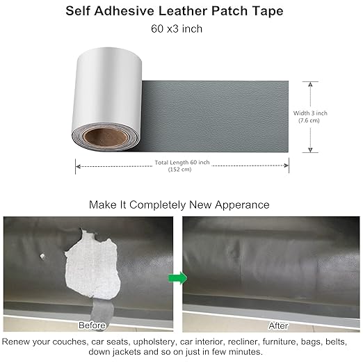 ILOFRI Leather Patch Tape, Vinyl Repair Kit 3 x 60 Inches Leather Repair Patch for Furniture, Couch, Sofas, Car Seats, Office Chairs, Interior - Light Gray