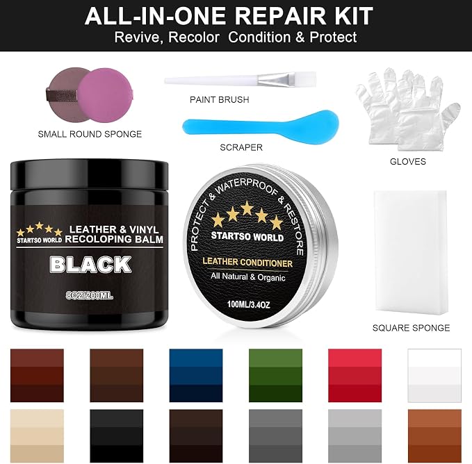 STARTSO WORLD 200Ml Leather Recoloring Balm with 100ML Leather Conditioner, Black Leather Repair Kit for Furniture, Leather Dye, Leather Scratch Repair, Leather Couch Paint