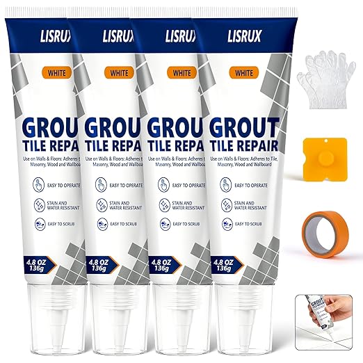Tile Grout Repair Kit, 4 Pack Fast Drying Grout Filler for Shower, Bathroom & Kitchen, Waterproof Tile Grout Paint, Grout Sealer Restores and Renews Tile Gaps, Joints, Lines (White, 4.8oz / 136g Each)