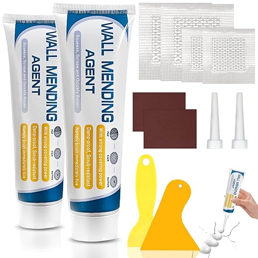 2 Pack Drywall Repair Kit,Wall Mending Agent with Scraper,Drywall Patch Repair Kit with Spackle Paste,Wall Hole Filler Putty for Filling Cracks & Holes,Quick Easy Plaster Wall Repair