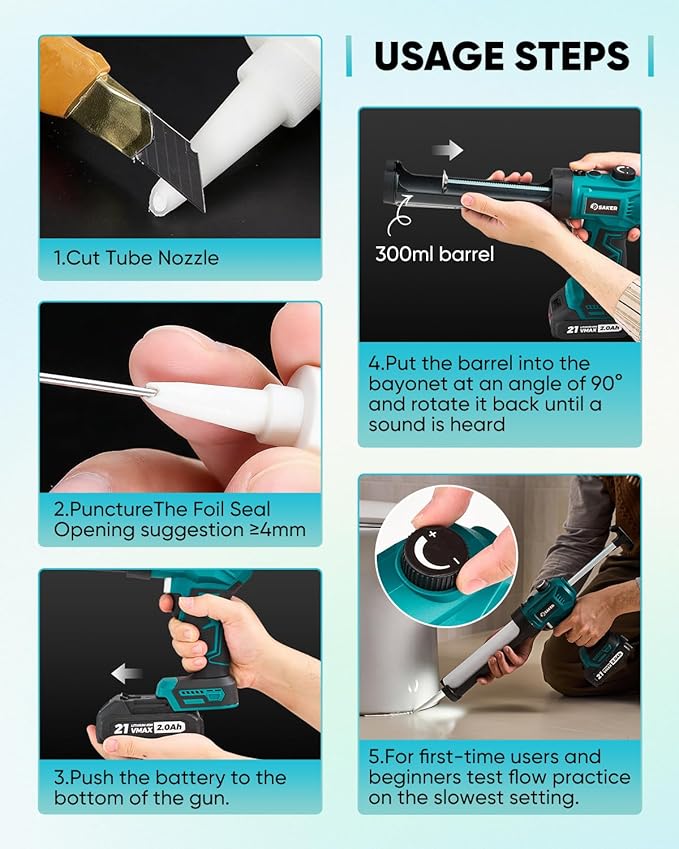 Saker Electric Caulking Gun Cordless Adjustable Speed Caulk Gun with Caulking Tools Set with LED Light 10oz/300ml for Kitchen Bathroom Filling, Sealing 2 Batteries Blue