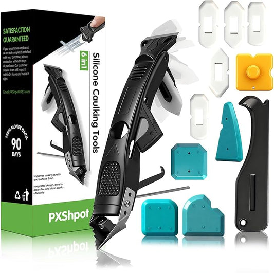 Caulking Tool 6 in 1 Sealant Finishing Tool & Grout Remover Scraper with 6 Silicone Pads, Sealant Removal and Trimming Tool with Squeegee for Bathroom, Window, Door, Kitchen