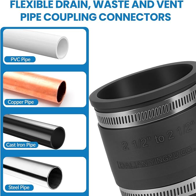 2 Pcs 2-1/2 IN Flexible PVC Pipe Coupling with Stainless Steel Clamps Fit 2-1/2 IN Nominal Pipes, Couplers for Plastic and Copper Pipe Plumbing Connections, Drain Repair, Dust Hose