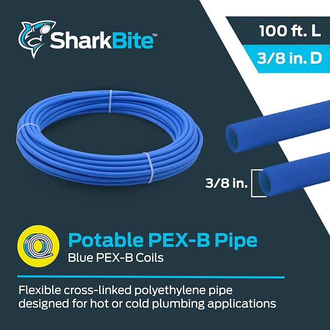 SharkBite 3/8 Inch x 100 Feet Blue PEX-B, PEX Pipe Flexible Water Tubing for Plumbing, U855B100