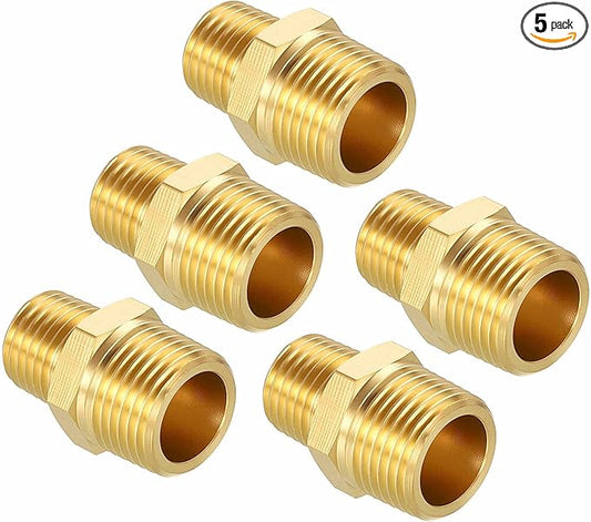 Packs of 5, 3/8" MNPT To 1/4" MNPT Solid Brass Hex Nipple Hose Connectors, Male Pipe Adapter for Pipe Leak Repair, Bathroom Remodeling, Tool Extension, Compression, Irrigation