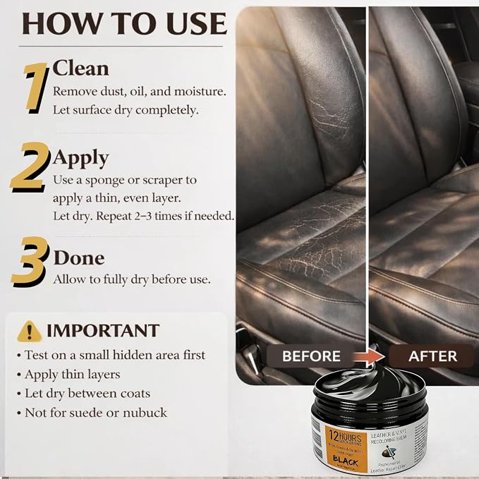 Leather Recoloring Balm 3.53Oz, 12H Quick-Dry Leather Vinyl Repair Cream Kit for Furniture, Couches & Car Seats- Restore Scratched, Faded, & Damaged Surfaces, Waterproof Restorer, Black
