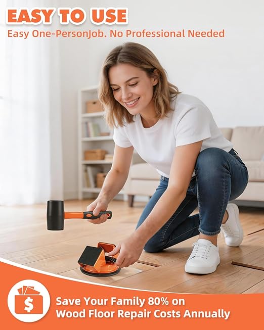 LOVECO Floor Gap Fixer Tool, Heavy Duty Suction Cup for Laminate & Vinyl Plank Repair, Solid Iron Body with Dual 45° Striking Surfaces, Includes 6 Sticky Pads, Gap Cleaning Blade & Microfiber Cloth