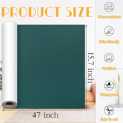 Self-Adhesive Leather Repair Tape Kit, 15.7×47 Inch Deep Green Large Leather Patches for Furniture, Couch Patch Peel and Stick for Sofas, Office Chairs, Car Seats