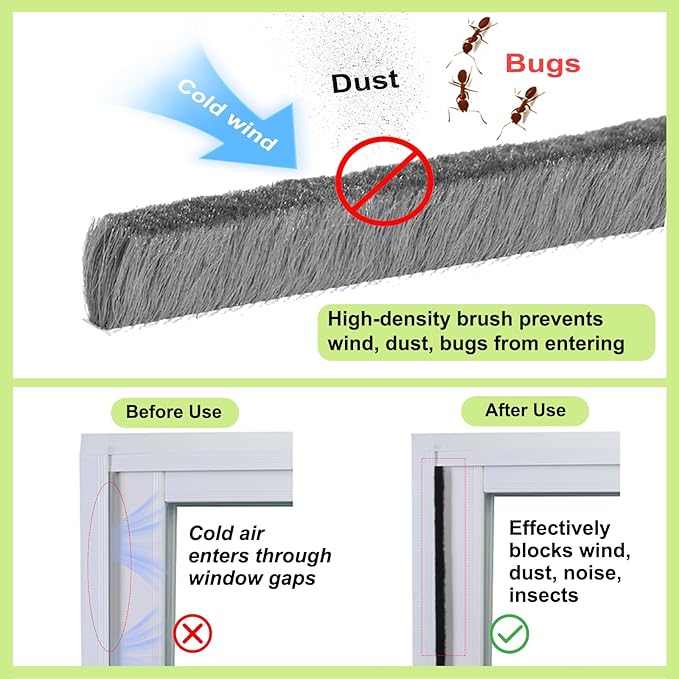 ZOMPAGO Strong Adhesive Brush Weather Stripping 0.4in (T）x 0.4in (W) x 33FT, Grey, Door Seal for Sliding Windows & Doors, Soundproof Noise Blocker, Draft Stopper for Garage Door Frame & Exterior Doors
