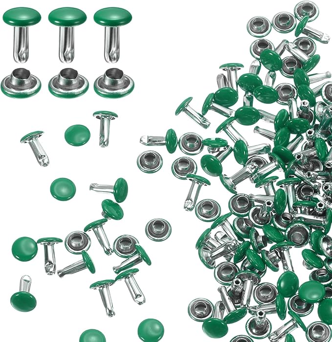 HARFINGTON 100 Sets Double Cap Leather Rivets, 6x8mm Round Cap Tubular Metal Studs Leather Crafting Rivets for Fabric Belt Pet Collar Boot Bag Repair and Decoration, Green