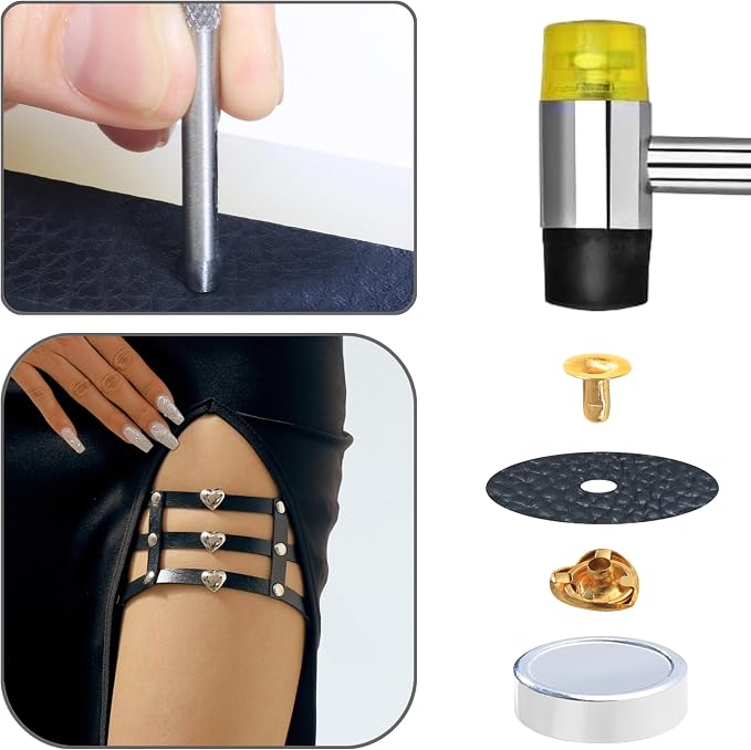 YORANYO 150 Sets Leather Rivets Kit Mixed Sizes Rivets for Leather Heart Studs for Clothing Fabric Gold Color Rivets with Leather Crafting Rivet Tool for Repair Decorate Jackets Shoes Bags Belts Purse