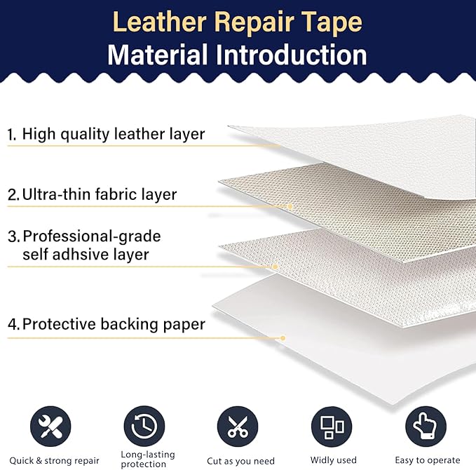 Zenyao Leather Repair Patch Tape - Self Adhesive Leather Repair Kit for Car Seat Furniture, Heavy Duty Vinyl Repair Patch for Couch Sofa, Waterproof for Rips Scratches Tears, 16x30 Inch Roll, White