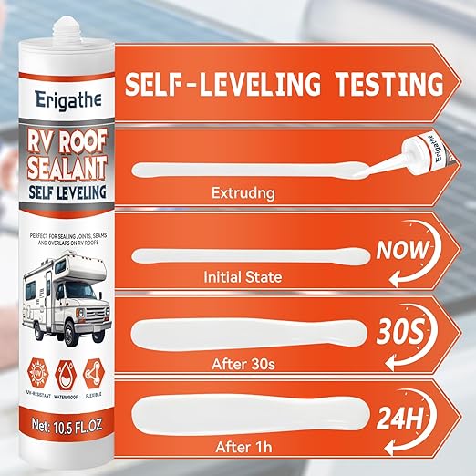 Self-Leveling RV Roof Sealant, Lap Caulking for Camper & Trailer, Heavy-Duty Flex, Waterproof, 15 Min Set Time for Repairs (2-10.5 fl oz White)