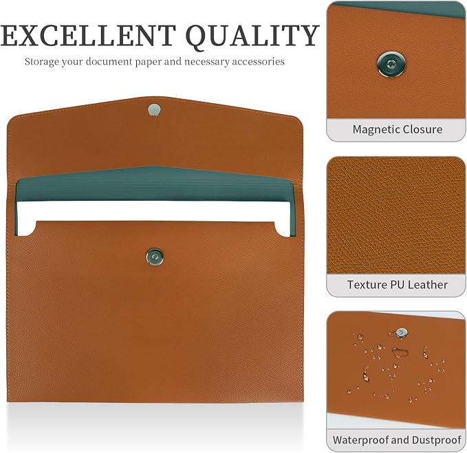 MultiBey PU Leather A4 Document Holder File Organizer with Snap Closure, Waterproof/Water‑Resistant A4 & Letter Size Envelope Folder 13 x 9.5 in - Holds up to 100 Sheets (Brown)
