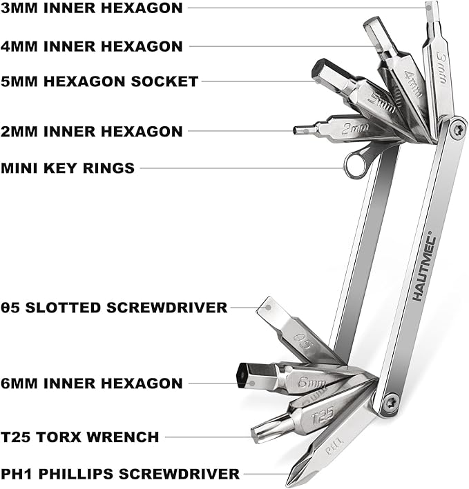 HAUTMEC 9 in 1 Bike Multitool, Mini Bike Repair Tool Kit for Road and Mountain Bikes, Lightweight Stainless Steel Bike Tool With 2/3/4/6mm Inner Hexagon and Phillips Screwdriver Multitool HT0418-BT