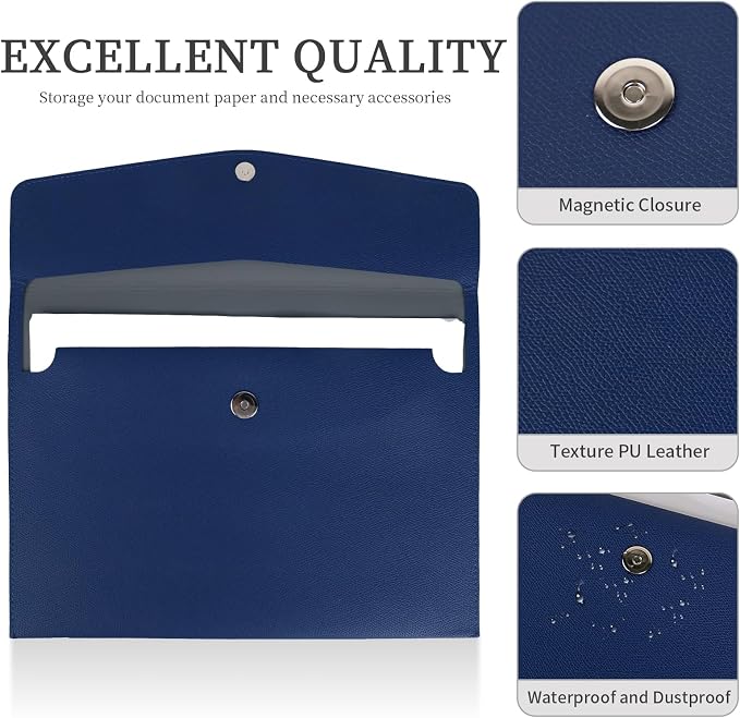 MultiBey A4 Document Holder, PU Leather File Folder, File Organizer Filing Envelope Portfolio Case with Magnetic Snap Button for Home School Office Stationery Blue