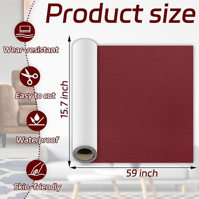 1Pcs Leather Repair Patch, Wine Red Self Adhesive Leather Repair Patch Kit 15.7x59 Inch, Large Vinyl Leather Repair Tape for Furniture, Car Seat, Couch, Sofa, Chair, Boat Seat