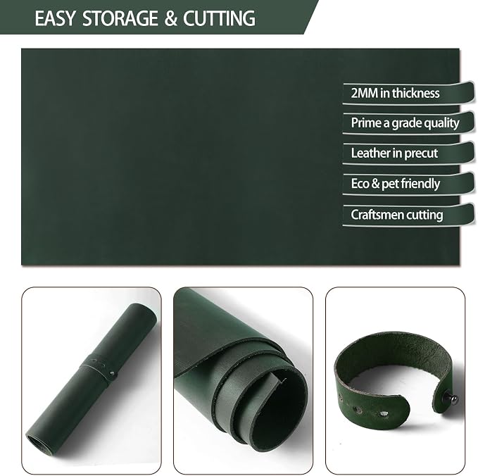 RingSun 10''X10'' Green Leather Sheets for Crafts (4mm), Full Grain Leather Tooling Leather