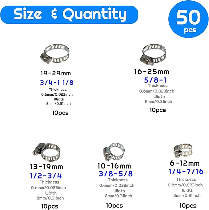 50pcs of 6-29 mm / 1/4 inch - 1-1/8 inch flexible hose clamps, 304 stainless steel worm-type hose clamps, suitable for pipes, intermediate coolers, water pipes, fuel pipes