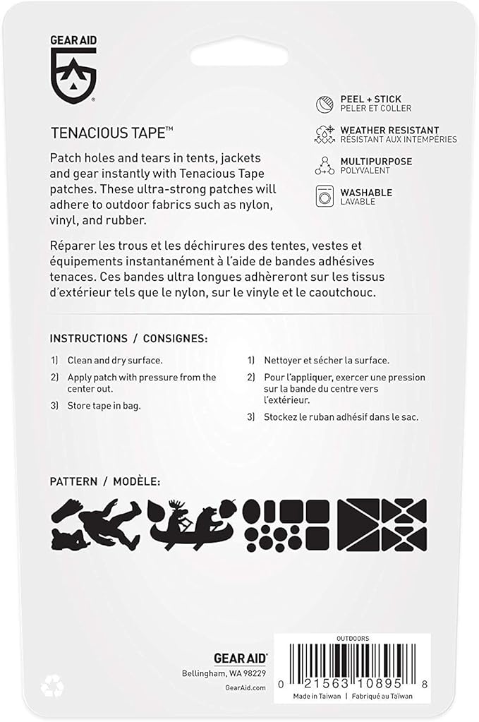 GEAR AID Tenacious Tape Repair Patches – Peel-and-Stick Nylon Gear Patches for Jackets, Tents, Sleeping Bags, Backpacks, and Outdoor Gear – Fix Rips, Tears, and Holes, Outdoors, 3”x20”