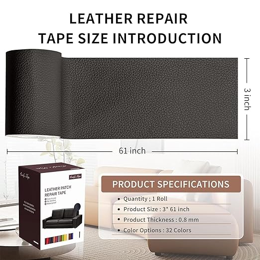 Leather Repair Patch Tape, Dark Brown 3 x 61 Inches Self Adhesive Leather Repair Kit for Furniture, Car Seat,Vinyl Leather Repair Kit for Office Chairs, Couch, Sofa, Luggage