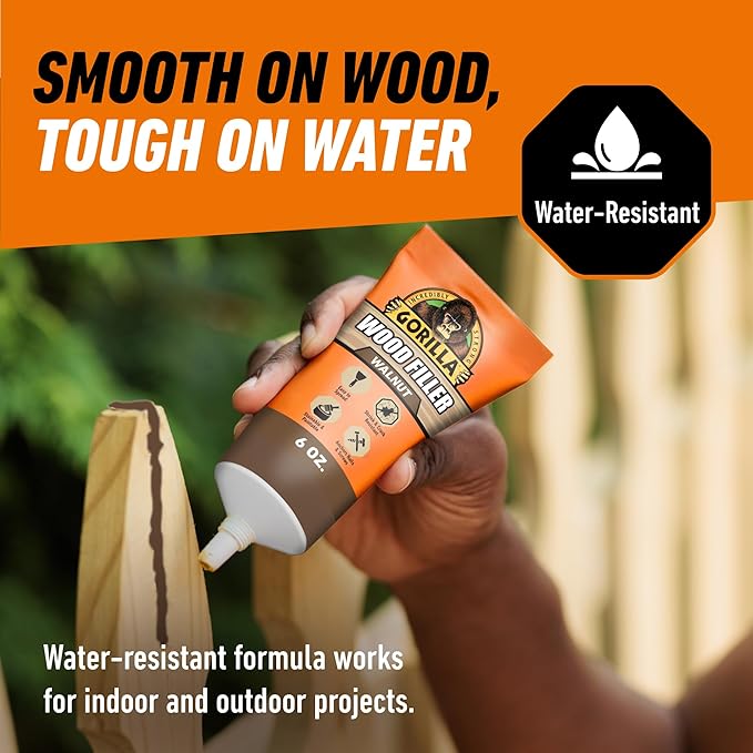Gorilla All Purpose Wood Filler, Walnut Color, 6 Ounce Tube (Pack of 1) - Water Resistant for Indoor or Outdoor Projects and Repairs