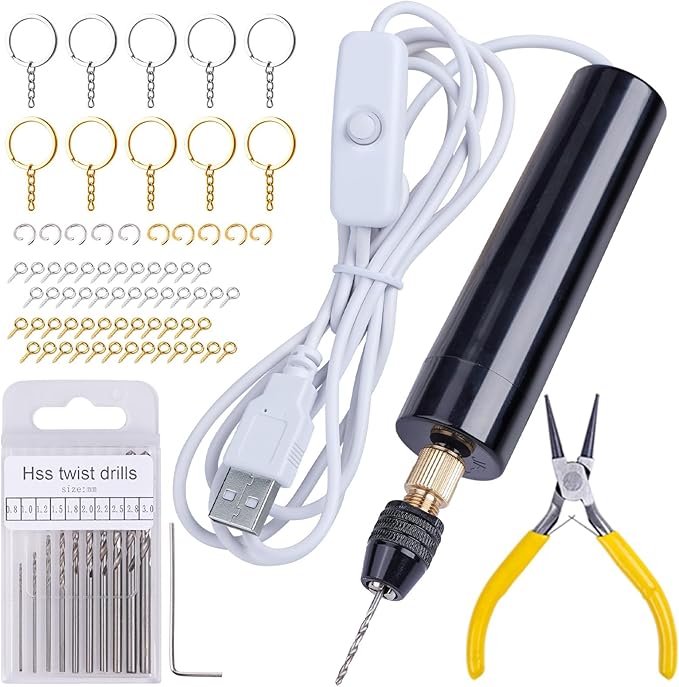 LET'S RESIN Electric Drill, 74Pcs Mini Drill with 3-Jaw Clamp-Applicable to A Larger Drilling Range (0-3mm), Keychain Making Kit, Jewelry Making Kit, Electric Hand Drill for Jewelry, Resin, Plastic