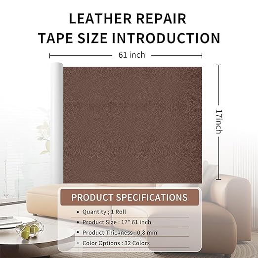 Leather Repair Patch Tape, Brown 17 x 61 Inches Self Adhesive Leather Repair Kit for Furniture, Car Seat,Vinyl Leather Repair Kit for Office Chairs, Bags, Luggage