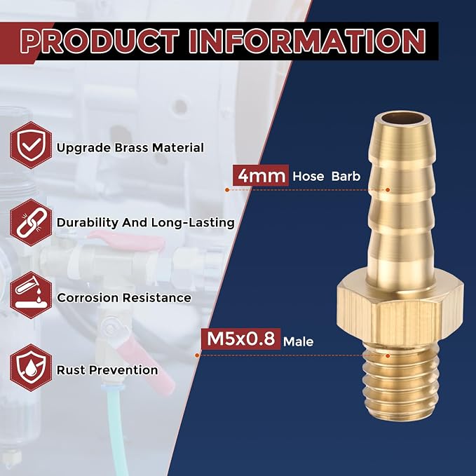 Pack of 6 Brass Hose Barb Fittings Adapter Connector 4mm Hose Barb to M5x0.8 Male Fittings for Home Machines, Massage Bathtubs, and Irrigation Systems