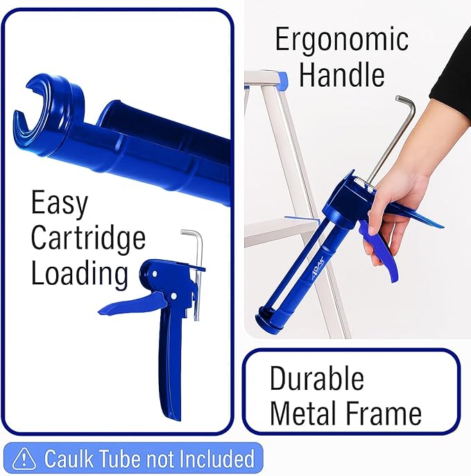 ADAK - Professional Caulking Gun, 10:1 Thrust Ratio, Caulking Gun No Drip, Hand Tool for Silicone & Sealant Application, Smooth Pressure Caulk Gun, Caulking Gun Tool (Blue)