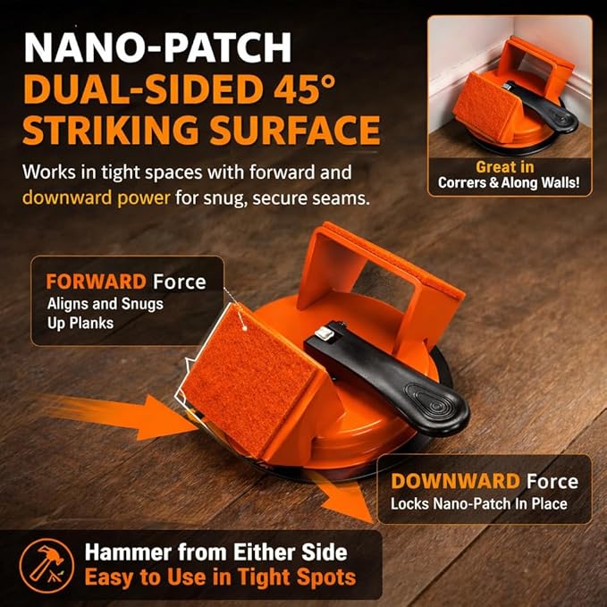 Floor Gap Fixer Tool, Heavy Duty Suction Cup Floor Gap Repair Tool for Vinyl Plank Laminate Flooring, 45° Striking Surface Plank Grabber with Gap Cutter, 5 Adhesive Pads Included, Orange