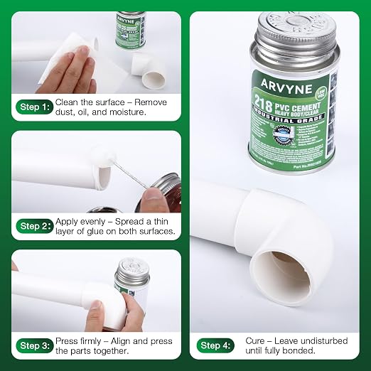 PVC Cement 4 oz, PVC Glue, Vinyl Cement, Industrial Solvent Cement for PVC & Vinyl Repair, Clear Waterproof Fast-Dry Glue for Rigid UPVC & Hard PVC, Leak‑Proof Can