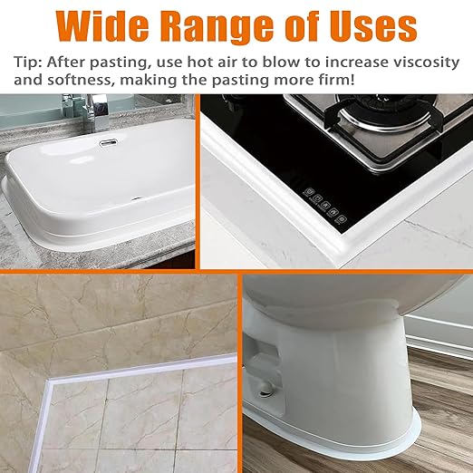 3 Pack White Caulk Tape, Bathroom Waterproof Accessories Caulking Tape,Self-Adhesive Sealing Tape for Kitchen Sink,Toilet, Bathtub Shower, Tub Floor Wall Edge Protector Strip, with Tool(1.5" x 10.5Ft)