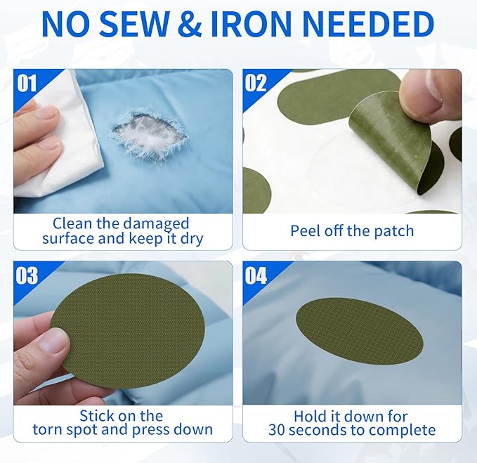 Waterproof Self-Adhesive Nylon Fabric Repair Tape - Tent Repair Kit,4pcs Fabric Patches for Jacket, Clothes, Puffer Down Jacket,Sleeping Bag, Outdoor Gear Tenacious Repairs Tape, Light ArmyGreen