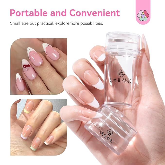 Saviland French Tip Nail Stamp: 4PCS Nail Art Stamper Kit Clear Silicone Nails Stamping Long & Short Jelly Stamper with Scrapers Nails Stamper Kit for French Manicure Home DIY Salon