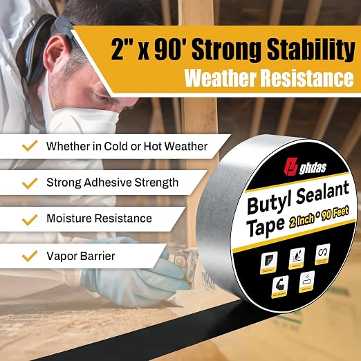 Bghdas - 3 Pack Butyl Sealant Tape 2" X 90' - Double Sided - Black Vapor Barrier Butyl Tape for Wall of Crawl Space, Rv Windows, Deck Boat, Crawlspace (Waterproof, Weatherproof)