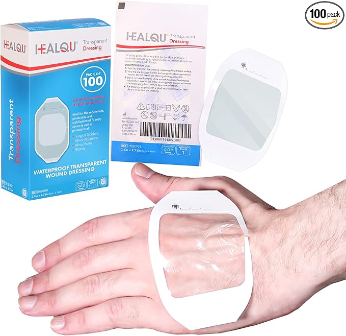 Transparent Film Dressing 2.3" x 2.75" (100 Pack) – Waterproof Adhesive Wound Bandages for Post-Surgical Shower, IV Shield, Tattoo Aftercare, Clear Breathable Dressing Patches by HEALQU