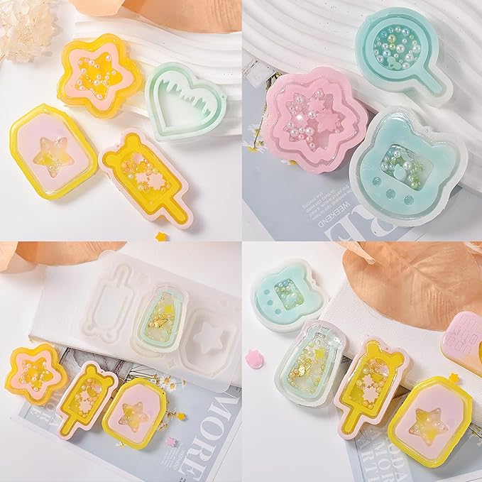 Resin Shaker Molds Set Kawaii Keychain Charms Pack of 9 Epoxy Silicone Trays Precision Tip Applicator Bottle Kit Bundle