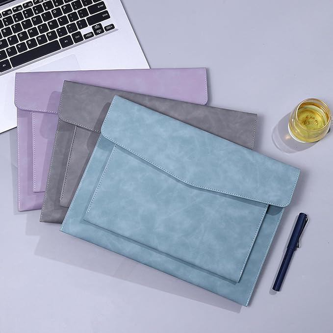 PU Leather A4 File Folder Document Holder with 2 Compartments Envelope Folder Case with Snap Closure for Receipt Contract (Cyan)