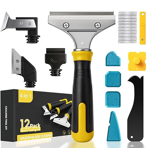12pack Caulking Tool Kit, Multifunctional Caulk Remover Tool, Grout Removal Tool, Silicone & Grout Cleaner for Bathroom, Shower, Tile, Window, Household Caulk Kit(Yellow)