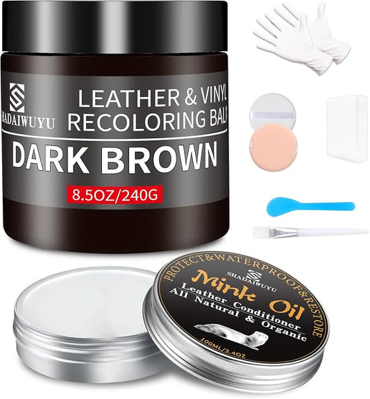 SHADAIWUYU 8.5oz Leather Recoloring Balm with 100ml Mink Oil,Dark Brown Leather Repair kit for Furniture and Car Interior,Leather Couch Scratch Repair,Leather Dye Paint,Mink Oil for Leather