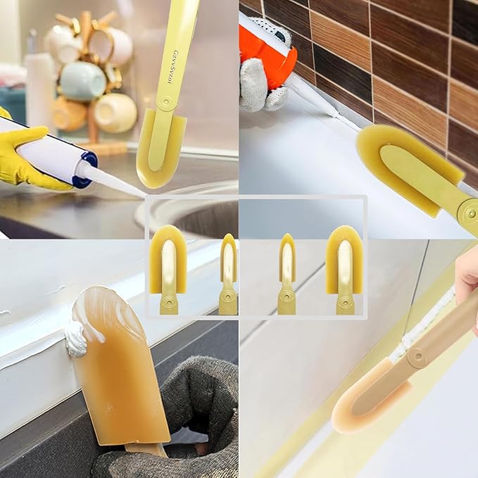 Extended Reach Grout Caulking Tool, 4pcs Rubber Caulk Finishing Tool with Ergonomic Grip for Bathroom, Kitchen Tile Gaps and Hard-to-Reach Areas