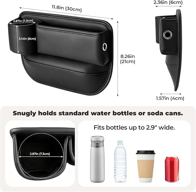 Universal Fit Car Seat Gap Filler Organizer, Premium Leather Console Organizer with Cup Holder, Easy Access to Phone Keys Glasses Wallet, Gifts for Car SUV Truck Owners, Black, 2 Pack