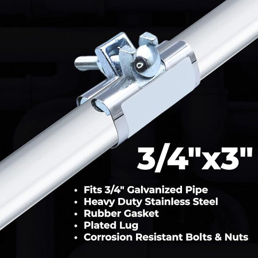 Stainless Steel One-Piece Galvanized Repair Clamp with Single Bolt, 3/4' x 3' inches | Water Pipe Holder, Copper Pipe Leak Repair Kit