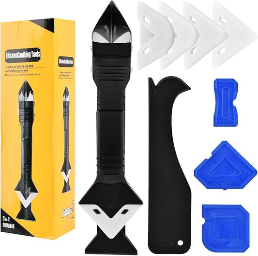 Silicone Caulking Tool, 3 in 1 Caulking Remover Glazing Compound Finishing Tool with 5 Replacement Silicone Scraper Pads, Grout Scraper Kit for Bathroom Kitchen Floor Window Sink Joint