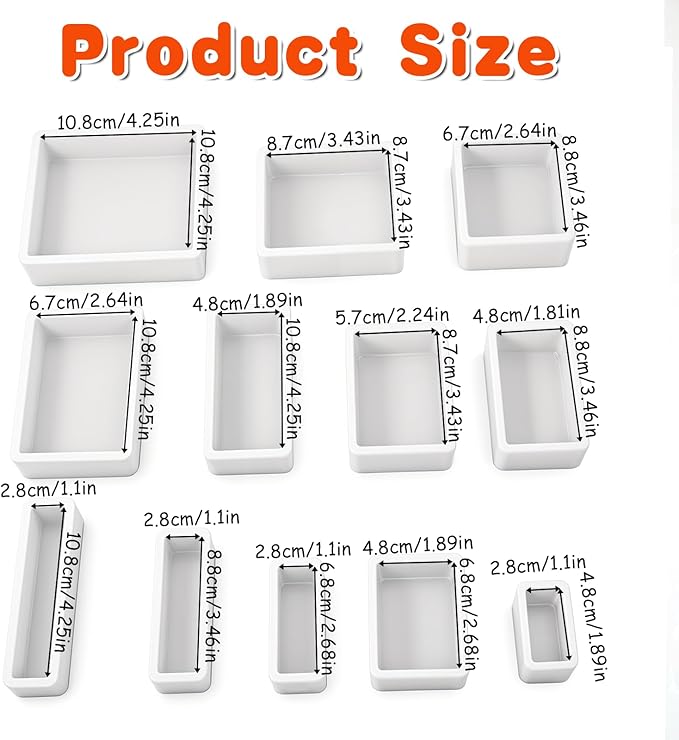 12 Pcs Epoxy Resin Molds Silicone Kit, 12 Sizes Square Rectangle Silicone Molds for Resin, Soaps, Dried Flowers, Bookends, Specimens, DIY Handicrafts (White)