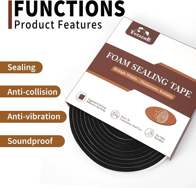 Yotache Foam Tape 3 Strips 1/4" x1/4", Weather Stripping for Doors and Window High Density Foam Seal Tape Sliding Door Weather Strip, Total 30 Feet Long (3 x 10 Ft Each)